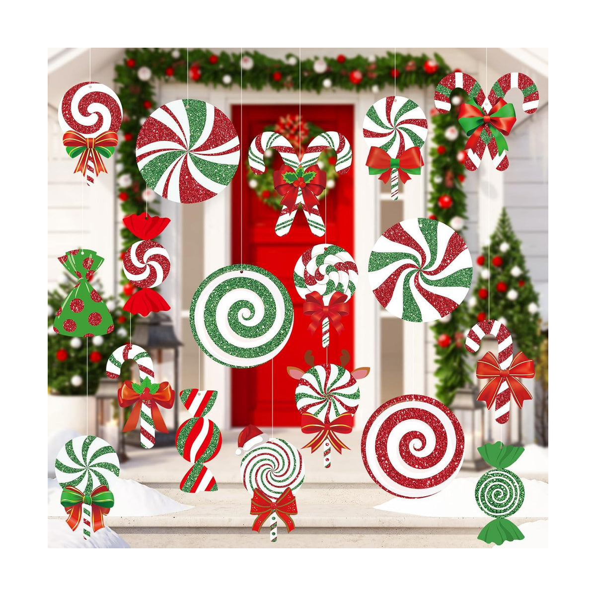 18Pcs Candy Christmas Decorations Outdoor Large Hanging Candy Cane Paper Ornaments Merry Xmas Peppermint Signs Decor Double Sided Printing for Outside Yard Tree Indoor Home Office Winter Holiday Party