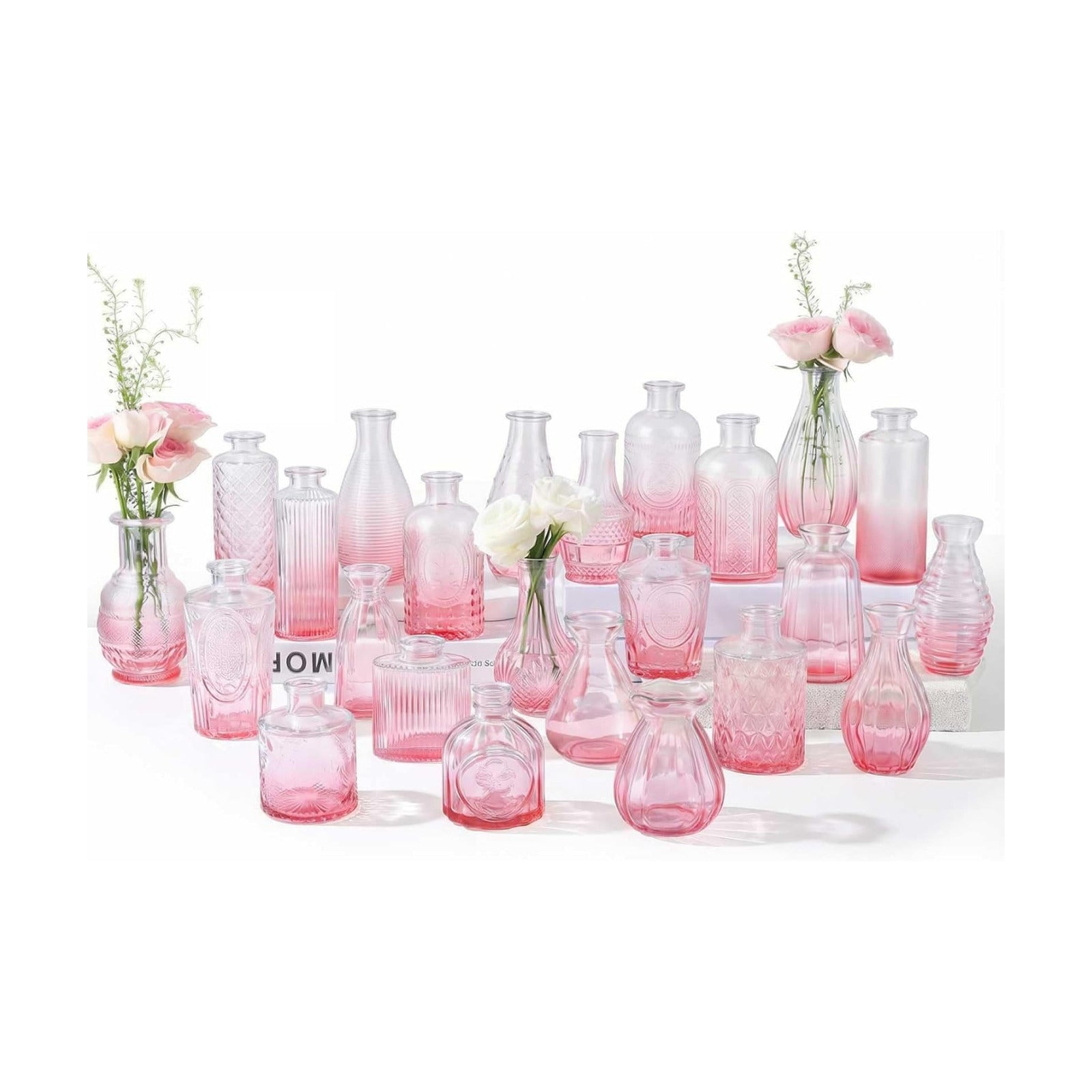 Mini Vintage Glass Bud Vases for Centerpieces / Pink Gradient / Set of 24