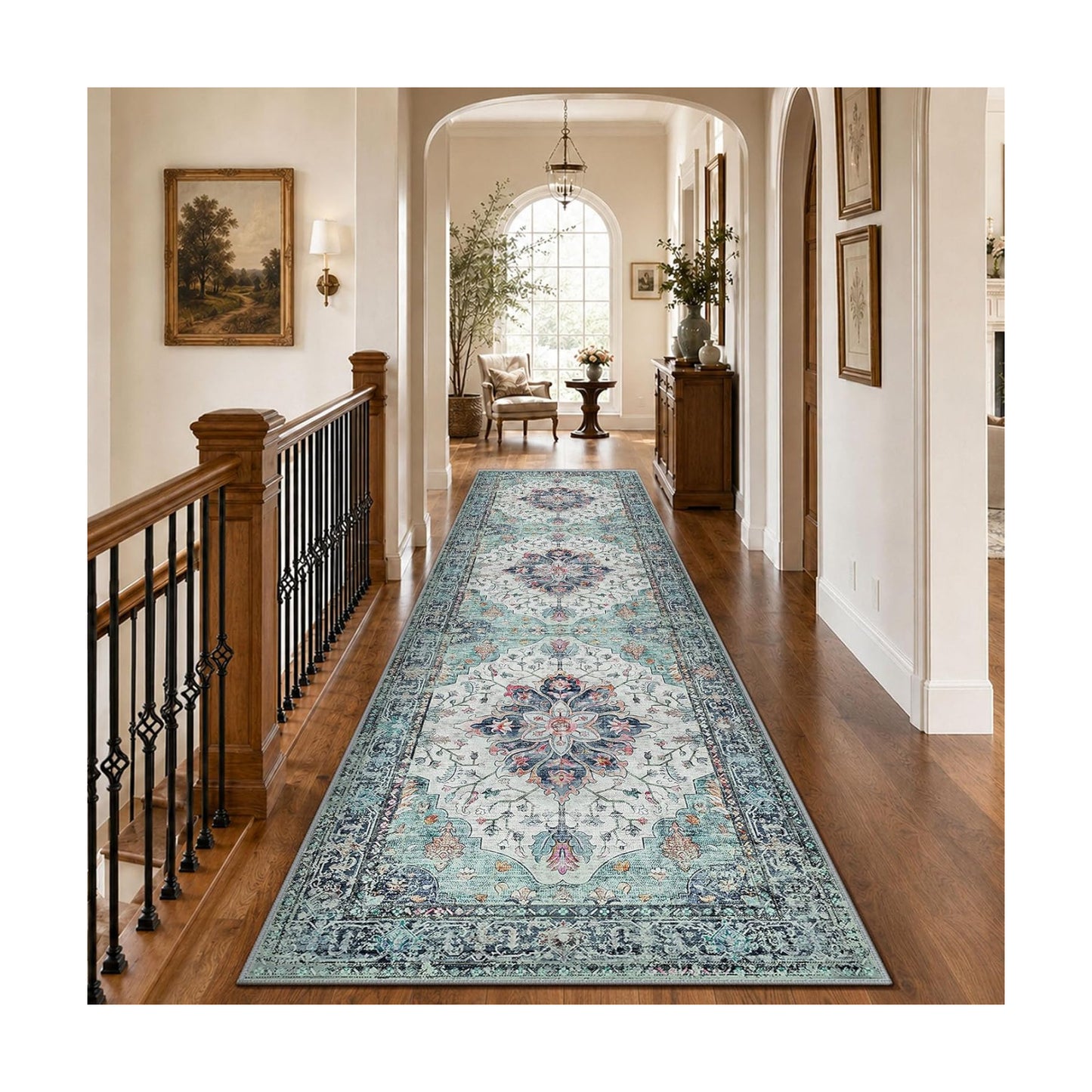RELEANY Washable Area Rug, Runner 3'x10', Teal Green/White/Navy