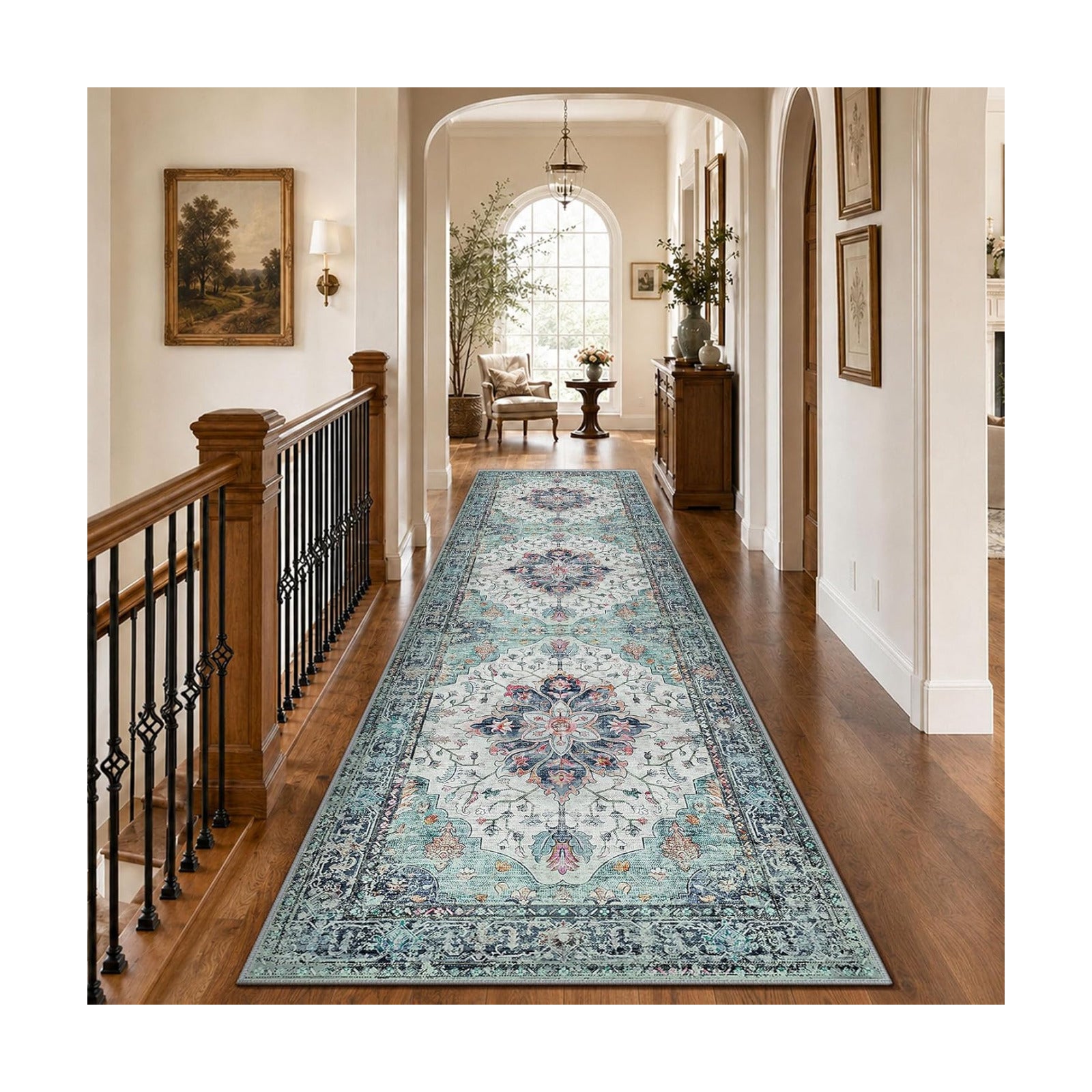 RELEANY Washable Area Rug, Runner 3'x10', Teal Green/White/Navy