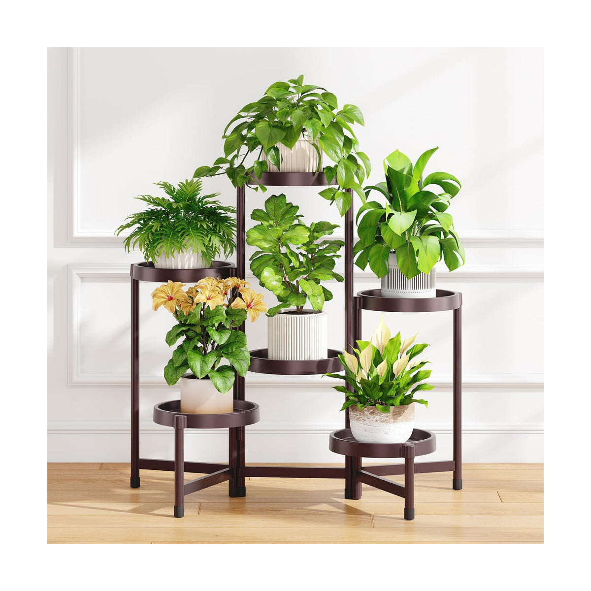 iDavosic.ly 6 Tier Folding Plant Stand Indoor Outdoor, Plastic Tray, Bronze | Space Saving Tiered Corner Storage