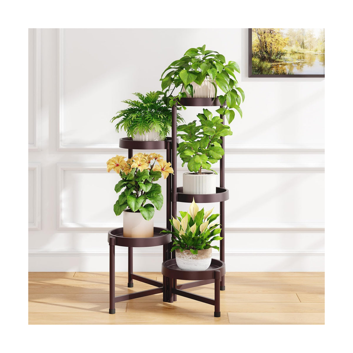 iDavosic.ly 5 Tier Folding Plant Stand Indoor Outdoor, Plastic Tray, Bronze | Space Saving Tiered Corner Storage