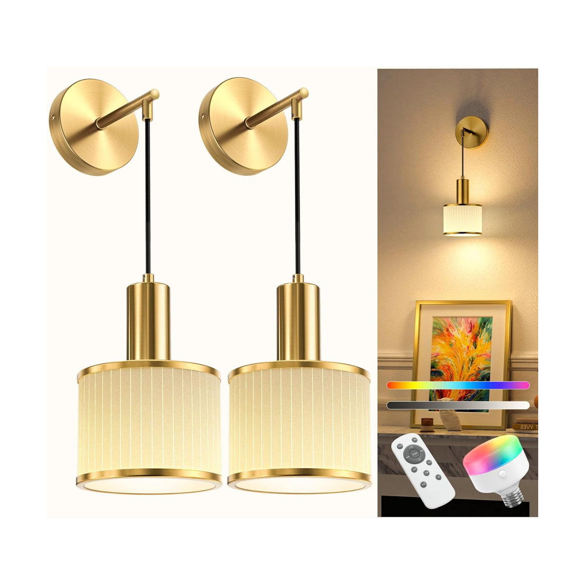 Battery Operated Wall Sconce Set of 2, Gold & Off-White Wireless Rechargeable Wall Lights with 5200mAh Dimmable