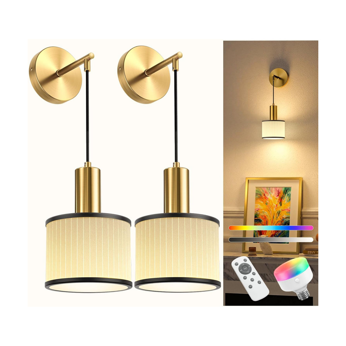 Battery Operated Wall Sconce Set of 2, Black Gold & Off-White Wireless Rechargeable Wall Lights with 5200mAh Dimmable