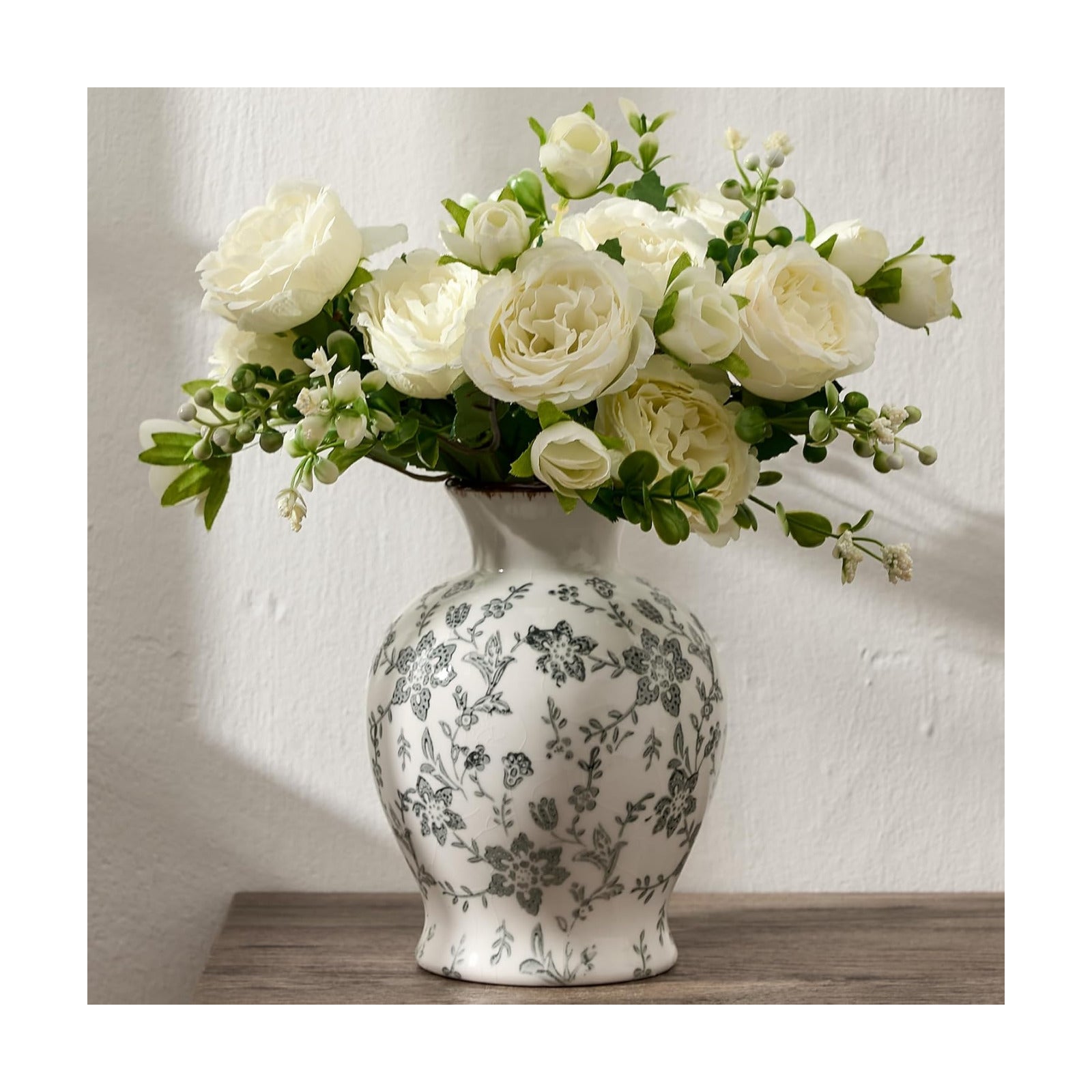 Vintage Rustic Chinoiserie Floral Vase / Gray- 6.73