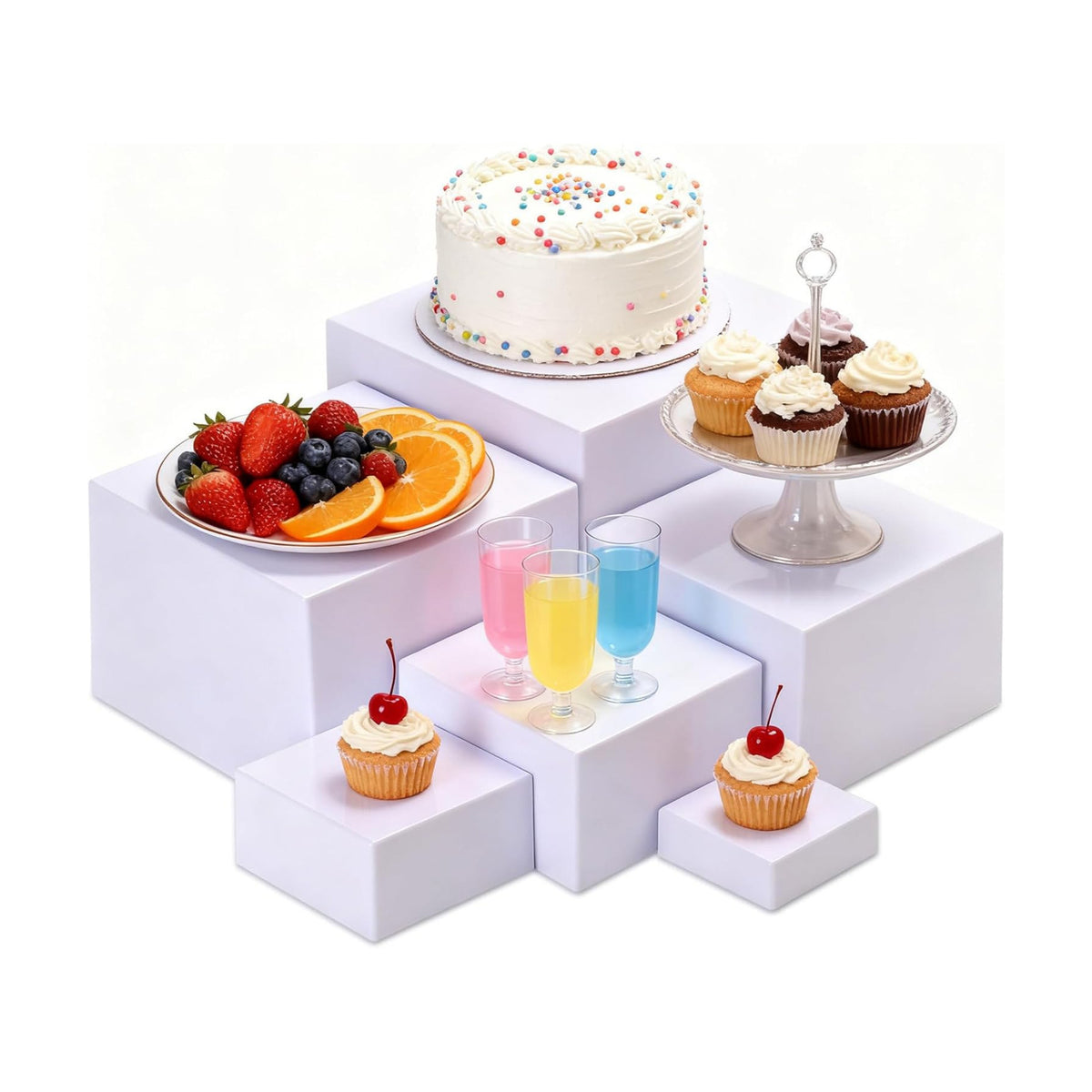 6 Pcs White Buffet Risers and Stands, Food Risers for Buffet Table, Display Stand Shelf for Party, Catering, Jewelry &