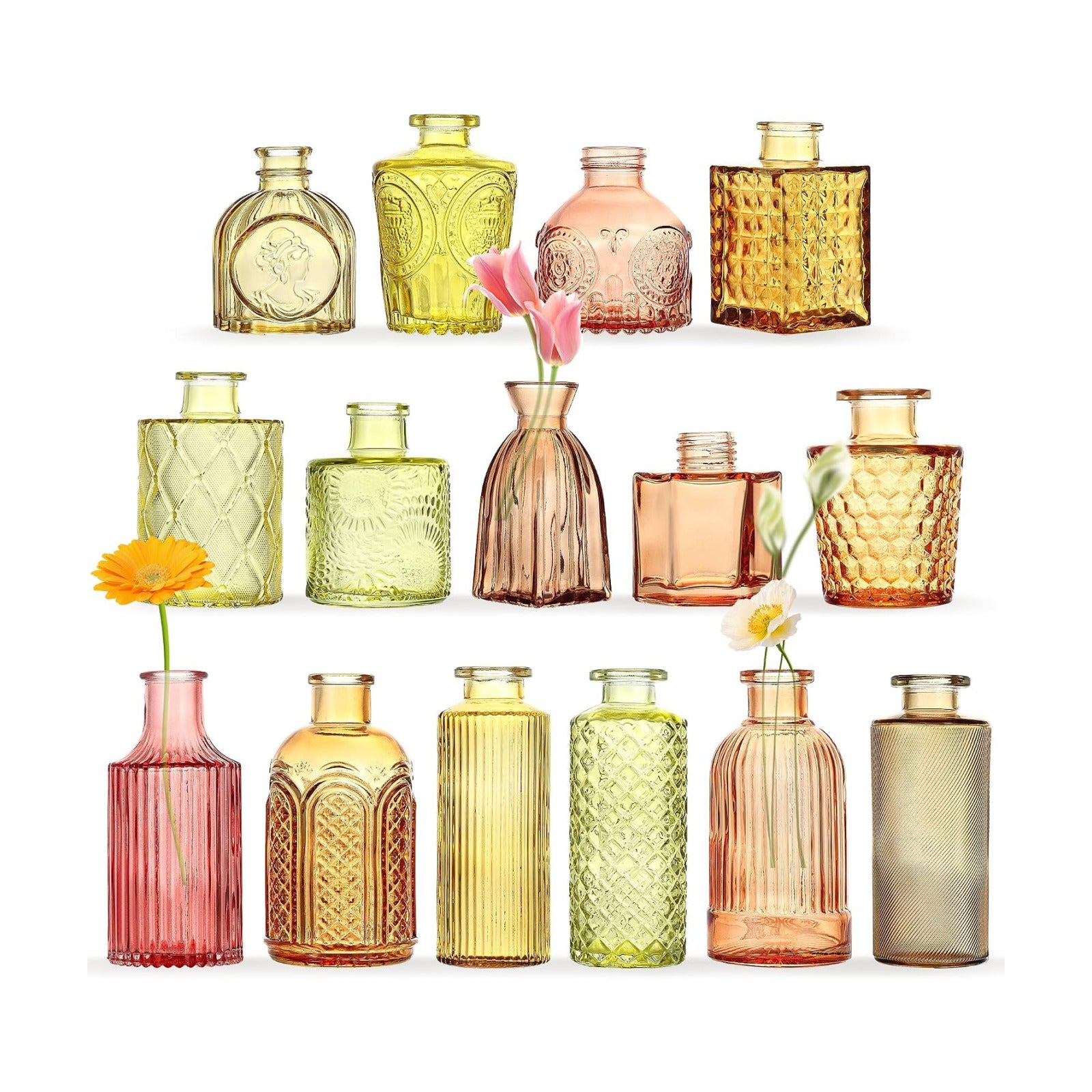 Colored Glass Bud Vases / Orange Yellow Series / Set of 15