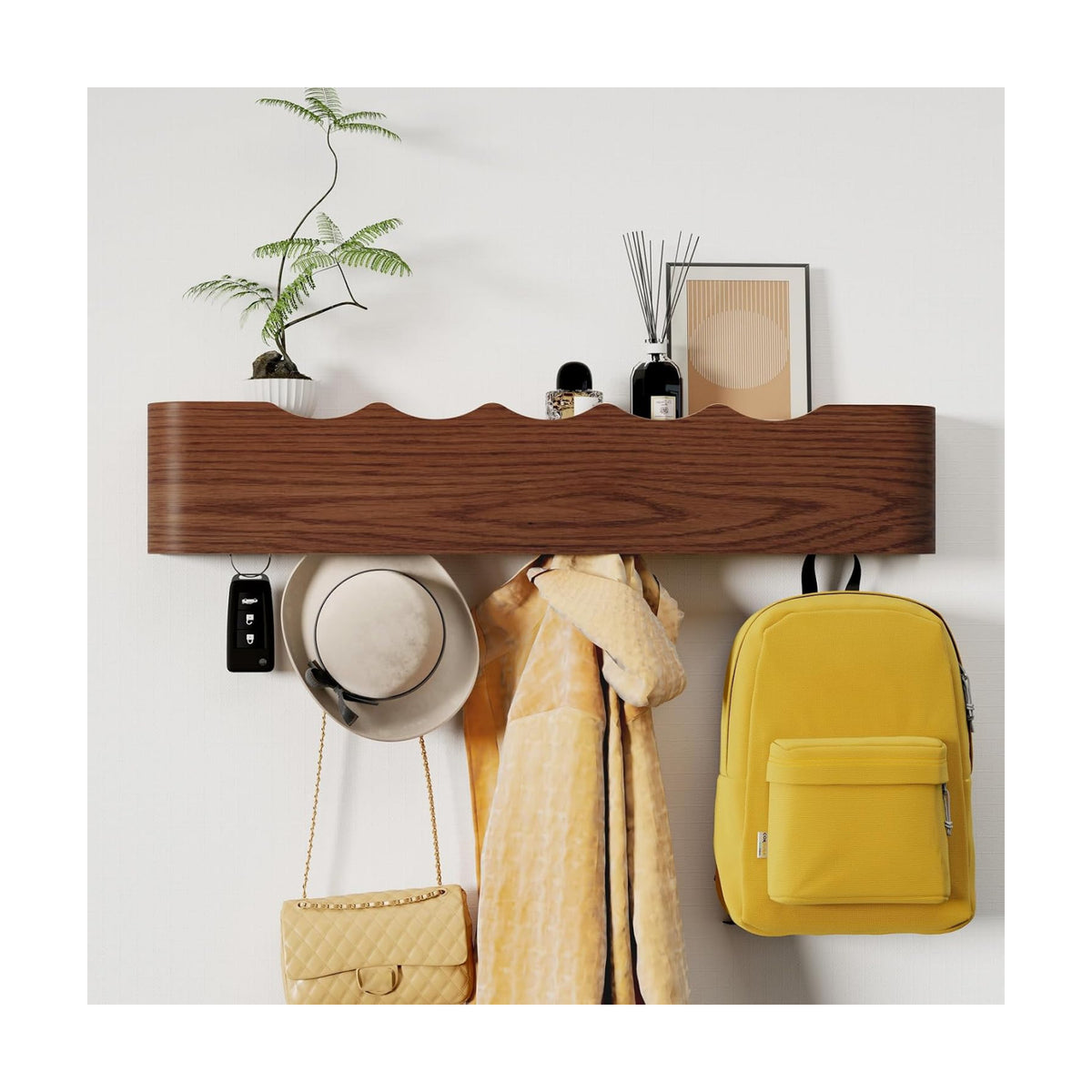 Coat Rack Wall Mount with Shelf 5 Hidden Hooks Modern Wooden Key Holder Entryway Organizer for Hallway Bedroom Bathroom