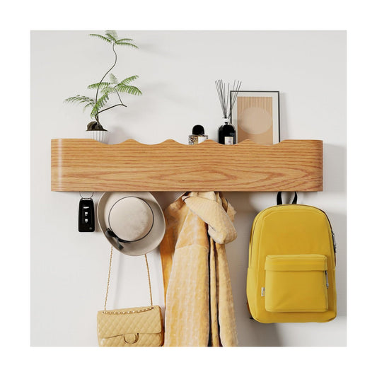 Coat Rack Wall Mount with Shelf 5 Hidden Hooks Modern Wooden Key Holder Entryway Organizer for Hallway Bedroom Bathroom