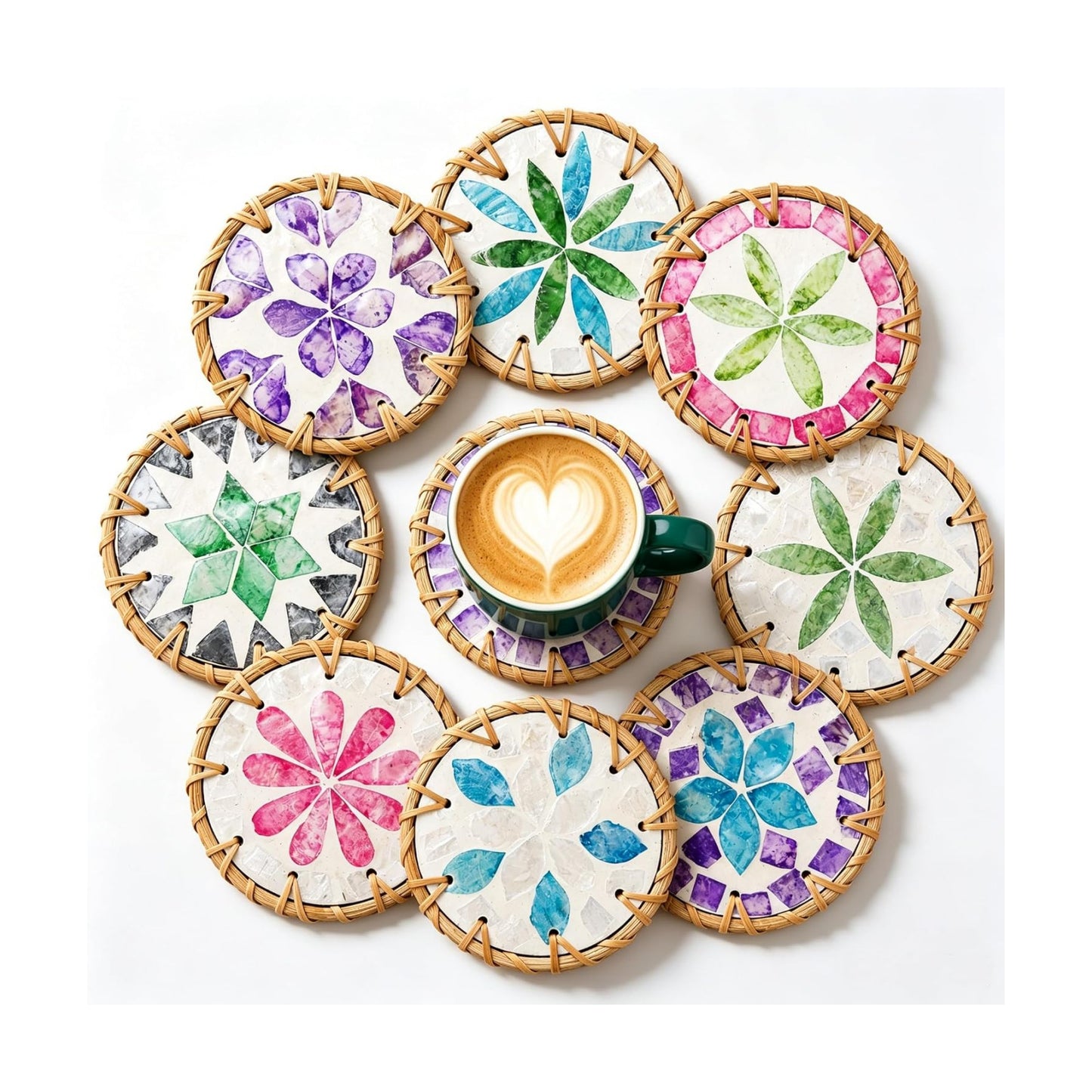 Boho Wicker Coasters / 4 Inch / Set of 8
