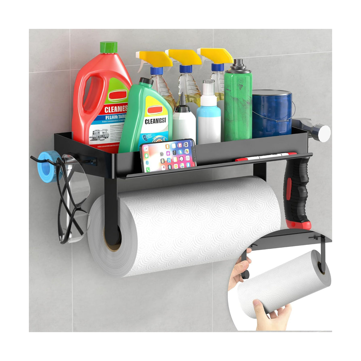 YIGII Wall Mount Paper Towel Holder with Phone Stand, Garage Papertowel Holder with Shelf and 4 Extended Hooks, Heavy
