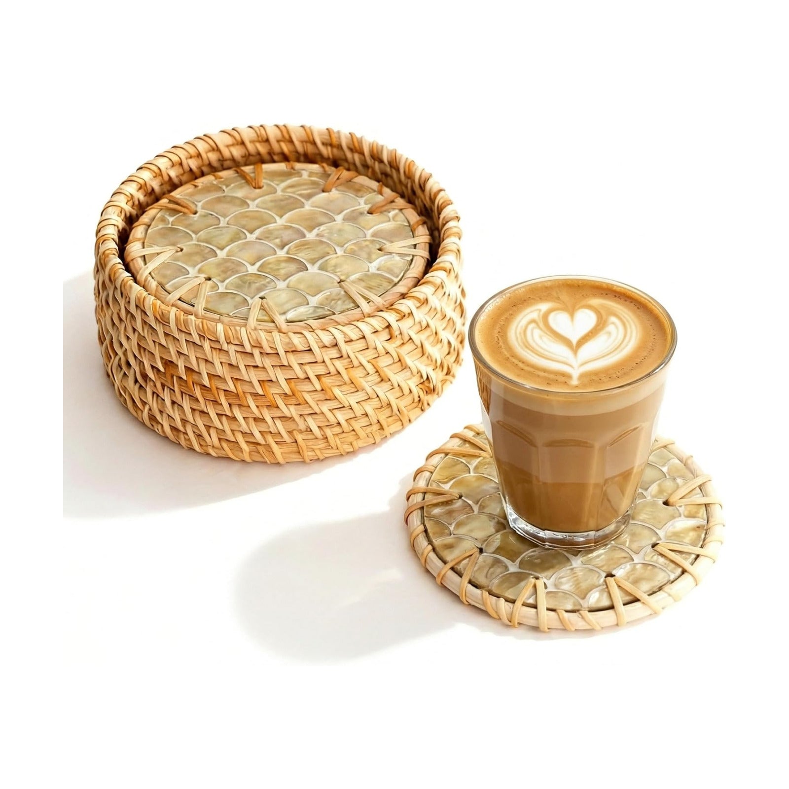 Holder • Handmade Round Coaster • Wicker / Cascade Light / Set of 6