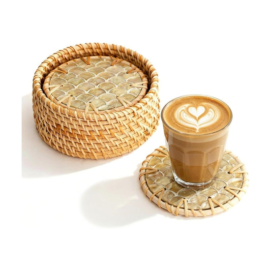 Holder • Handmade Round Coaster • Wicker / Cascade Light / Set of 6