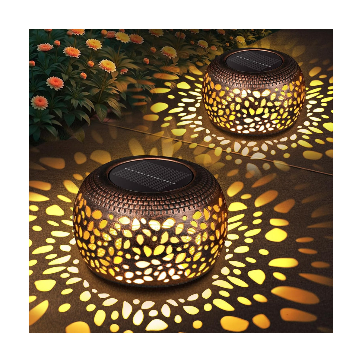 Solar Lanterns Outdoor Waterproof: 2 Pack Red Copper Metal Garden Lights | IP65 Hollow Out Vintage Table Solar Lights