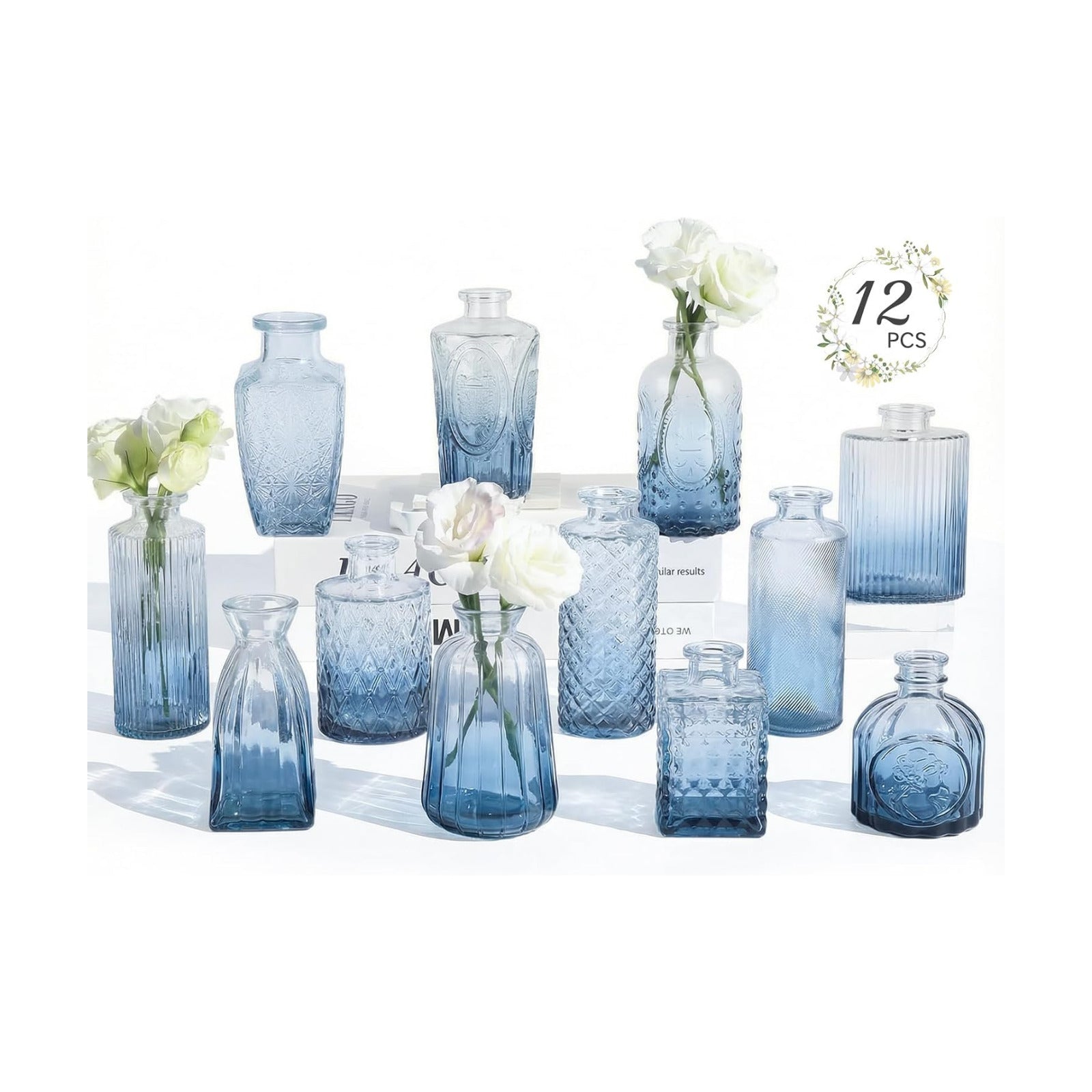 Glass Bud Vases Mini Flower Vase Small Vintage Vases for Centerpiece / Gradient Blue / Set of 12
