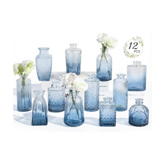 Glass Bud Vases Mini Flower Vase Small Vintage Vases for Centerpiece / Gradient Blue / Set of 12
