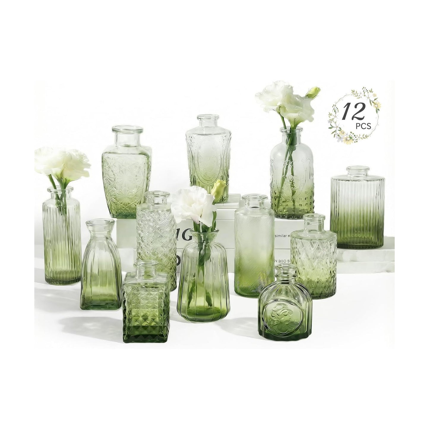 Glass Bud Vases Mini Flower Vase Small Vintage Vases for Centerpiece / Gradient Green / Set of 12