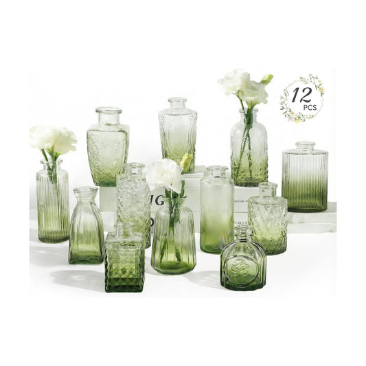 Glass Bud Vases Mini Flower Vase Small Vintage Vases for Centerpiece / Gradient Green / Set of 12