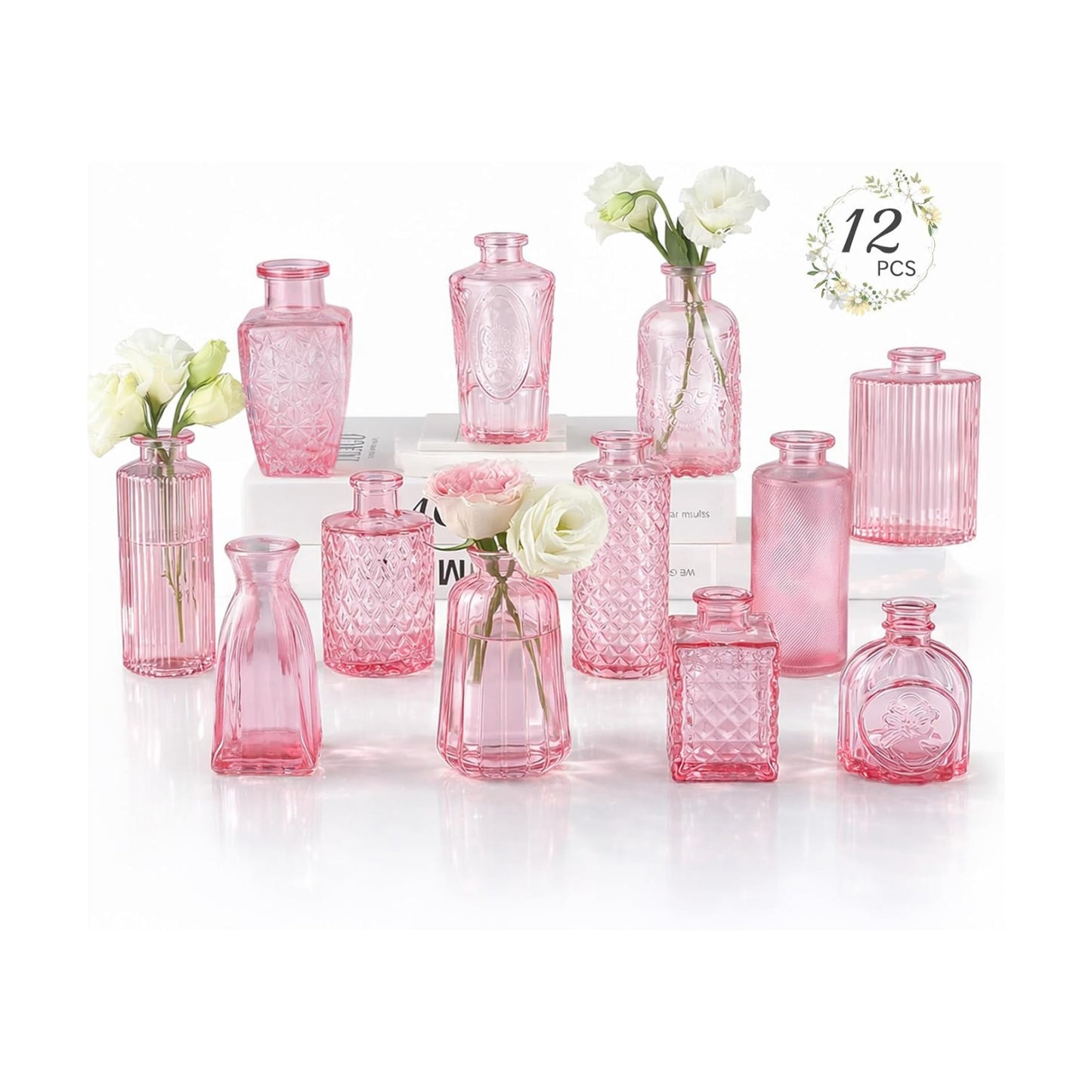 Glass Bud Vases Mini Flower Vase Small Vintage Vases for Centerpiece Table / Pink / Set of 12