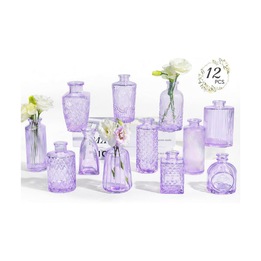 Glass Bud Vases Mini Flower Vase Small Vintage Vases for Centerpiece Table / Purple / Set of 12