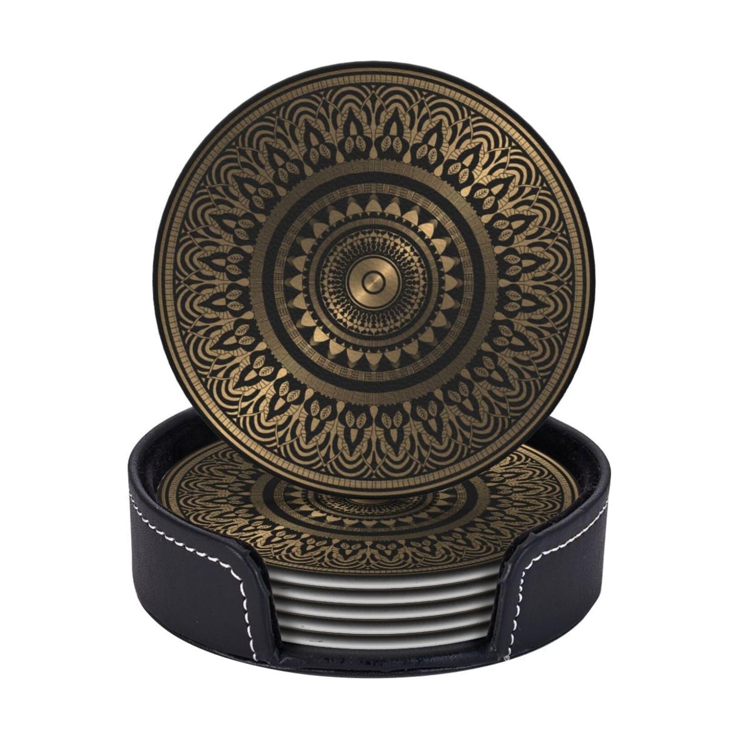Holder Stand / Pu Leather Absorbent Coasters / Gold Black Mandala Rosette / Set of 6