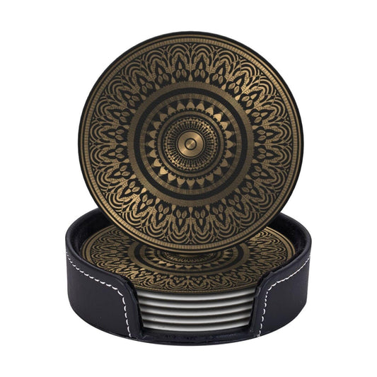 Holder Stand / Pu Leather Absorbent Coasters / Gold Black Mandala Rosette / Set of 6