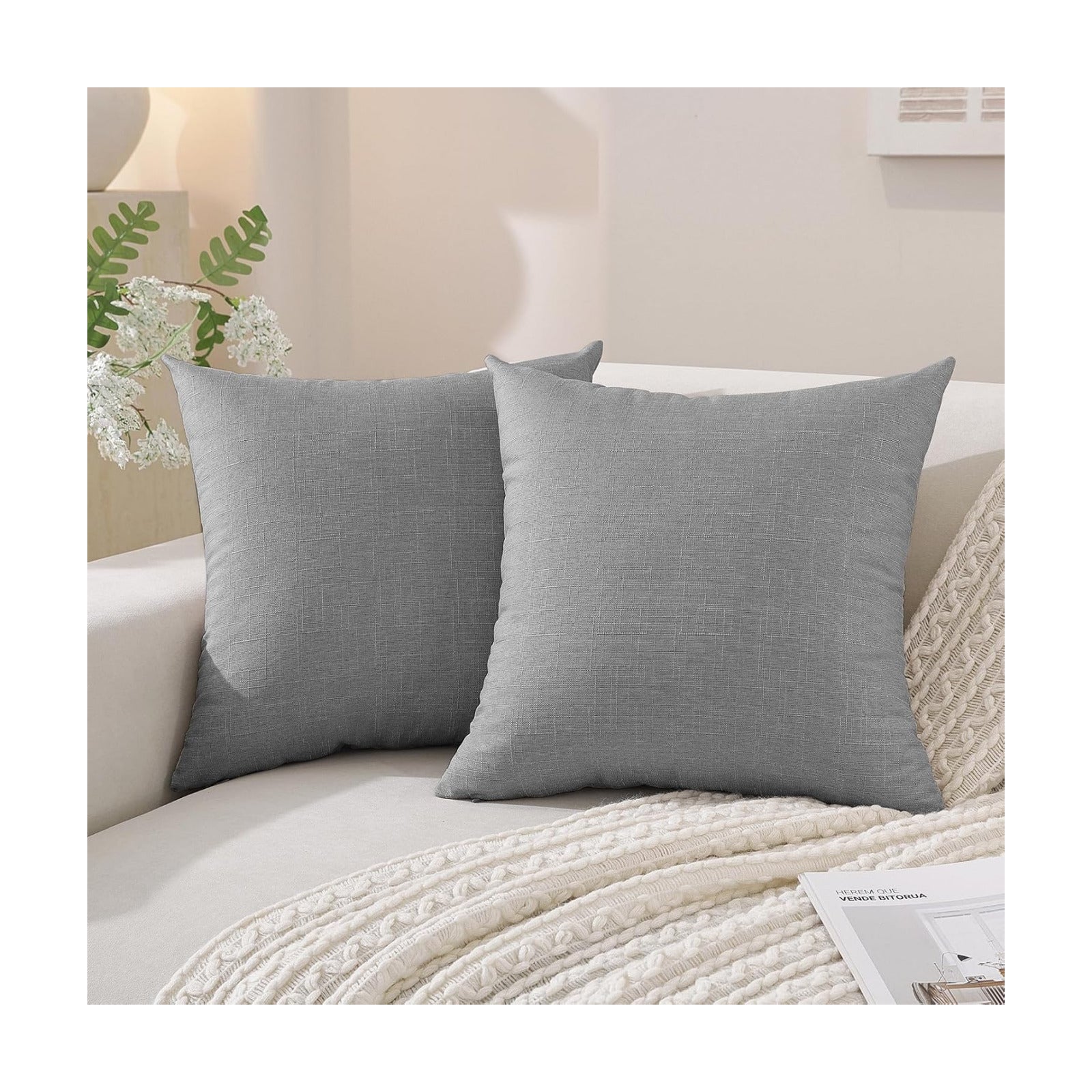 Faux Linen Pillow Covers / 18 x 18 / Dark Gray / Set of 2