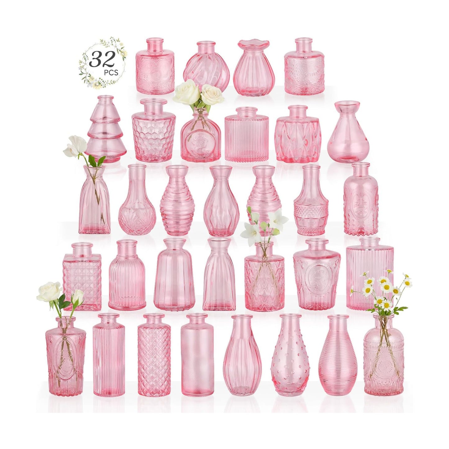 Glass Bud Vases Mini Flower Vase Small Vintage Vases for Centerpiece Table Wedding / Pink