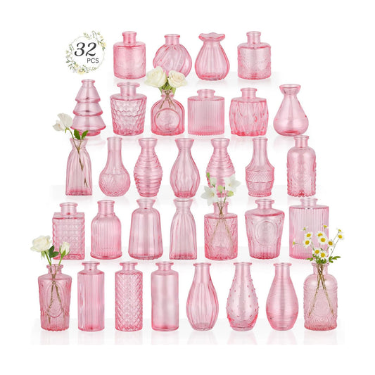 Glass Bud Vases Mini Flower Vase Small Vintage Vases for Centerpiece Table Wedding / Pink