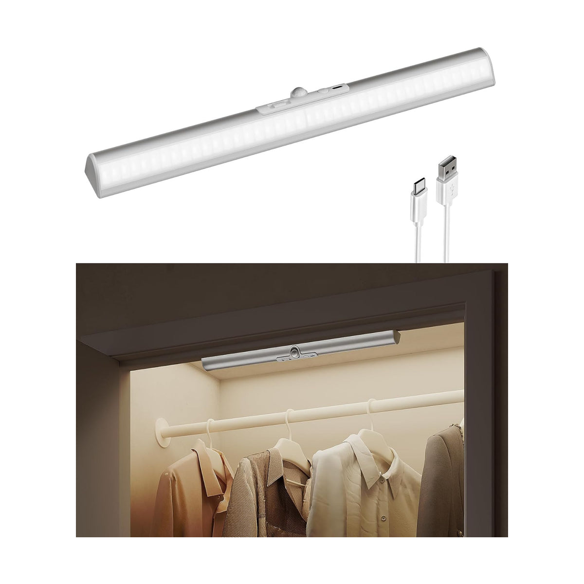 EZVALO 17in LED Motion Sensor Closet Light with Rotatable Sensor | 3600mAh Rechargeable Battery, 180 Lumens, No-Glare