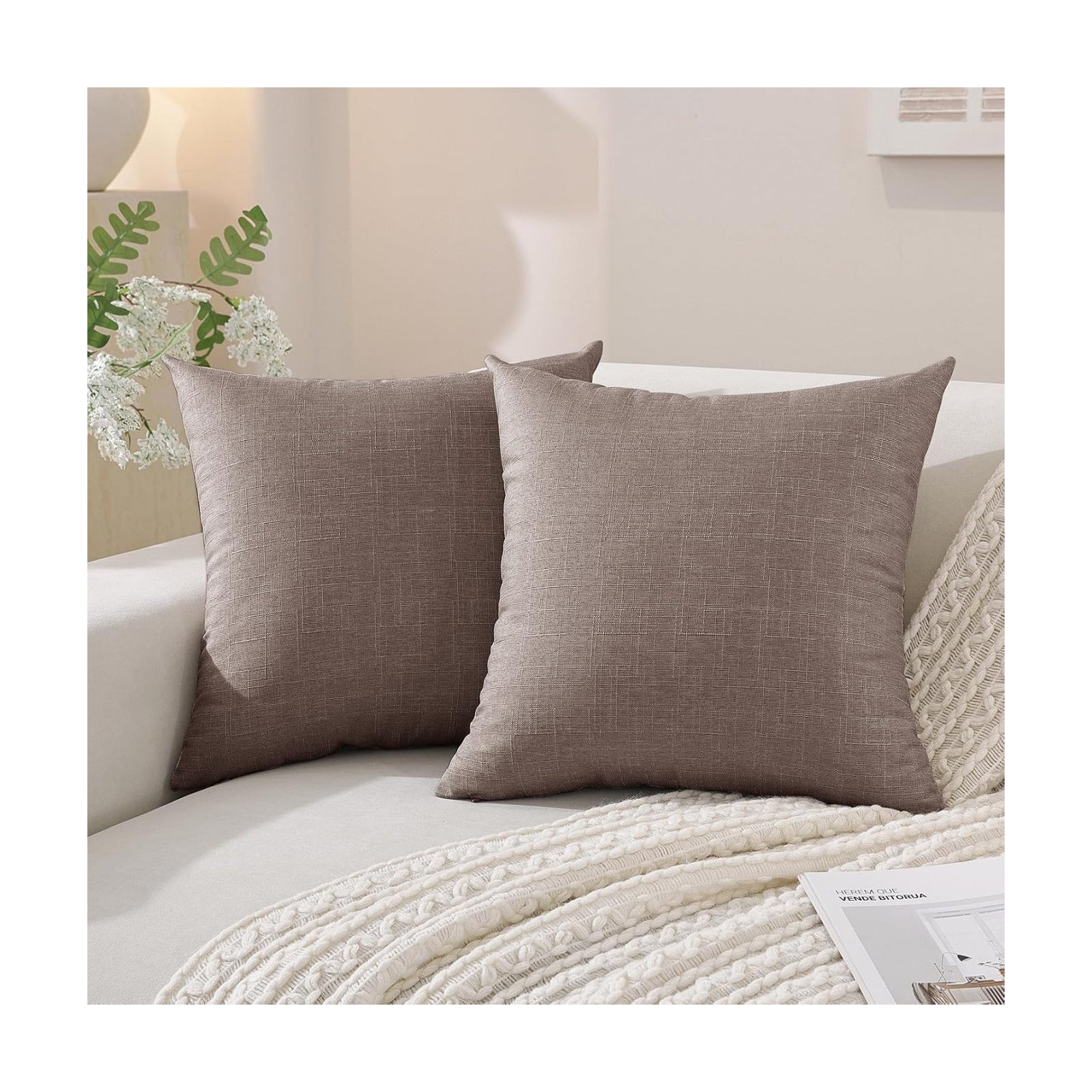 Faux Linen Pillow Covers / 18 x 18 / Coffee / Set of 2