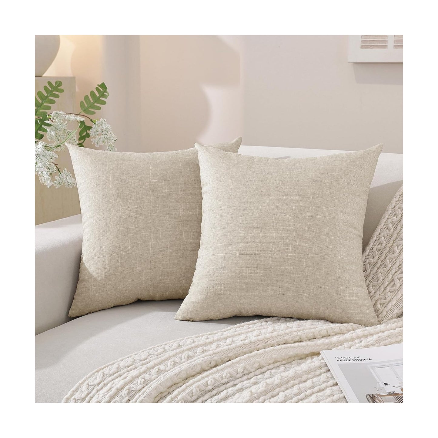 Faux Linen Pillow Covers / 18 x 18 / Beige / Set of 2