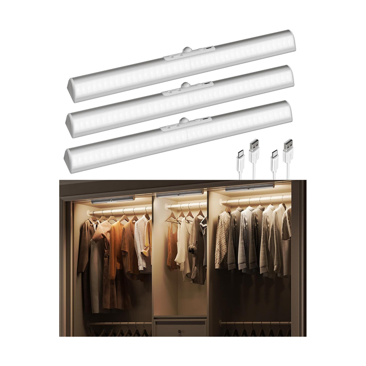 EZVALO 17-Inch Motion Sensor Closet Lights Indoor | 3 Pack, 3600mAh Rechargeable Battery, 180 Lumens, No-Glare