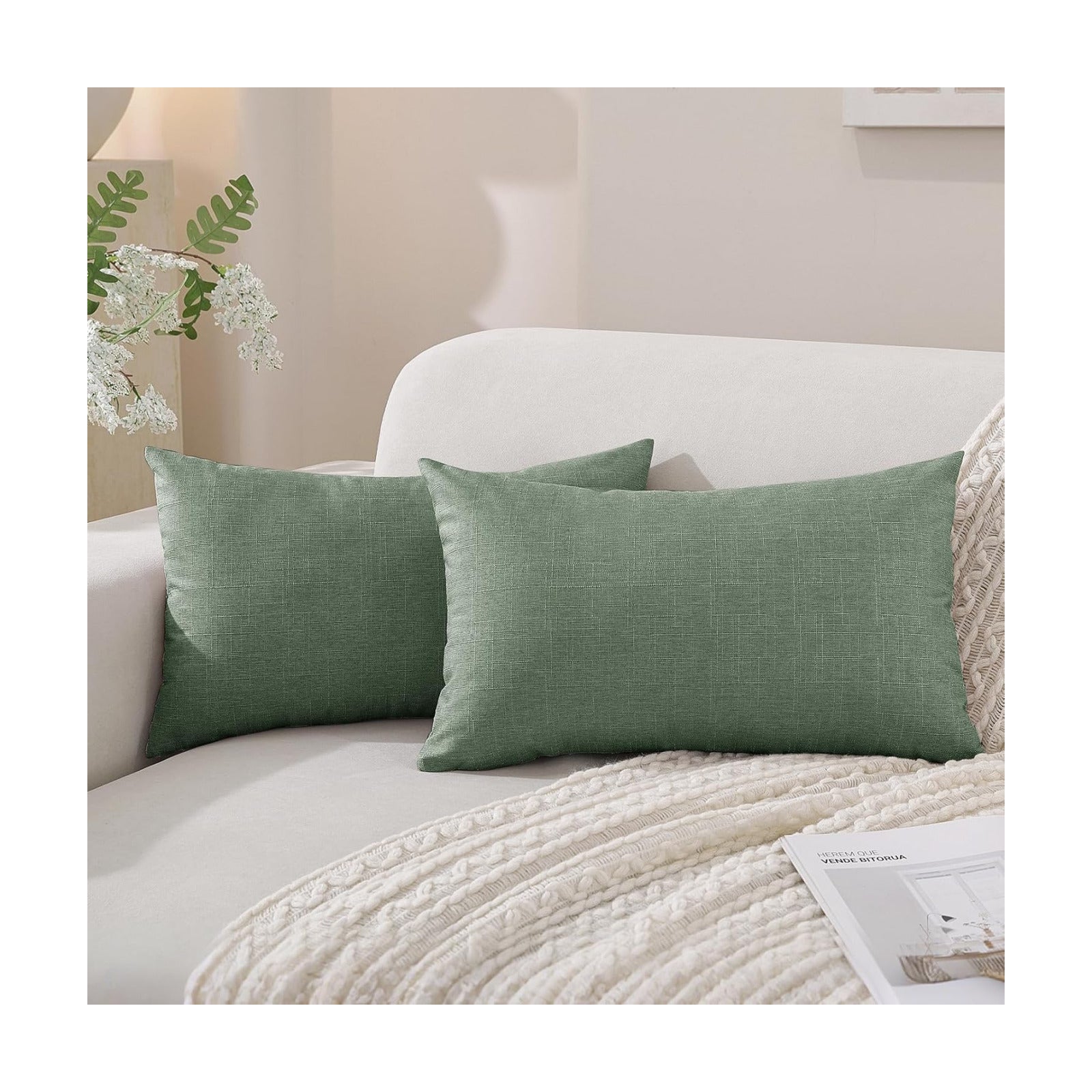 Faux Linen Pillow Covers / 20 x 12 / Dark Green / Set of 2