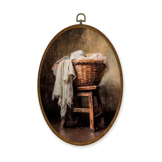 Farmhouse Woven Basket Laundry Oval Framed Canvas Art Prints / Color26