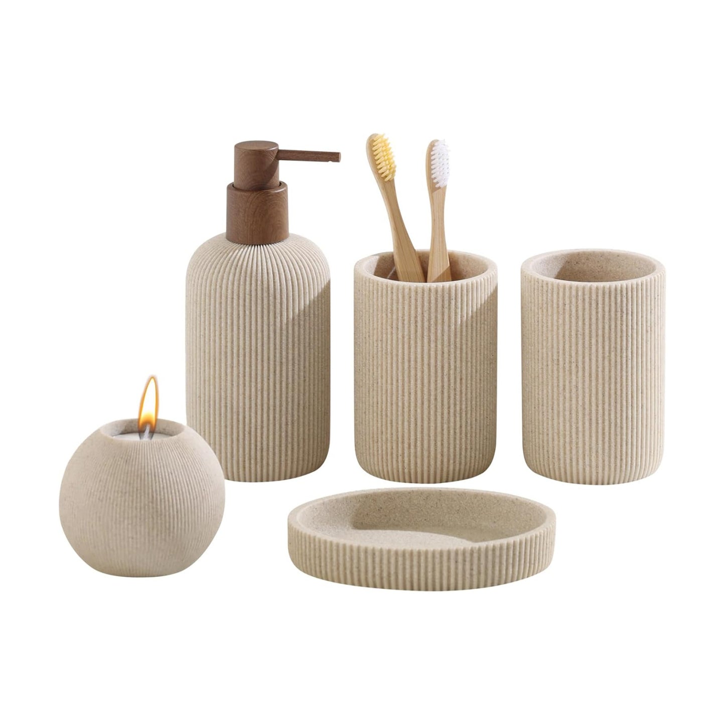 Sandstone Look Stripe Modern Bath Organizer / Beige / Set of 5