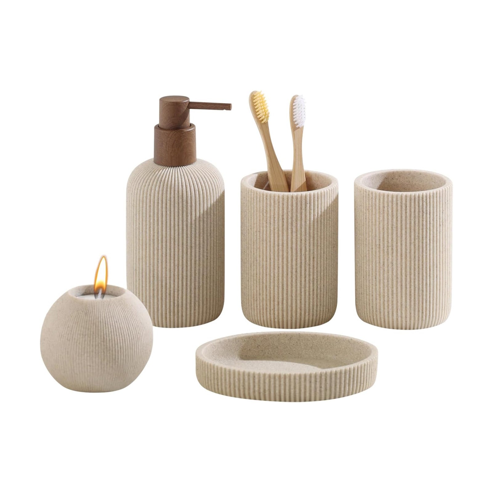 Sandstone Look Stripe Modern Bath Organizer / Beige / Set of 5