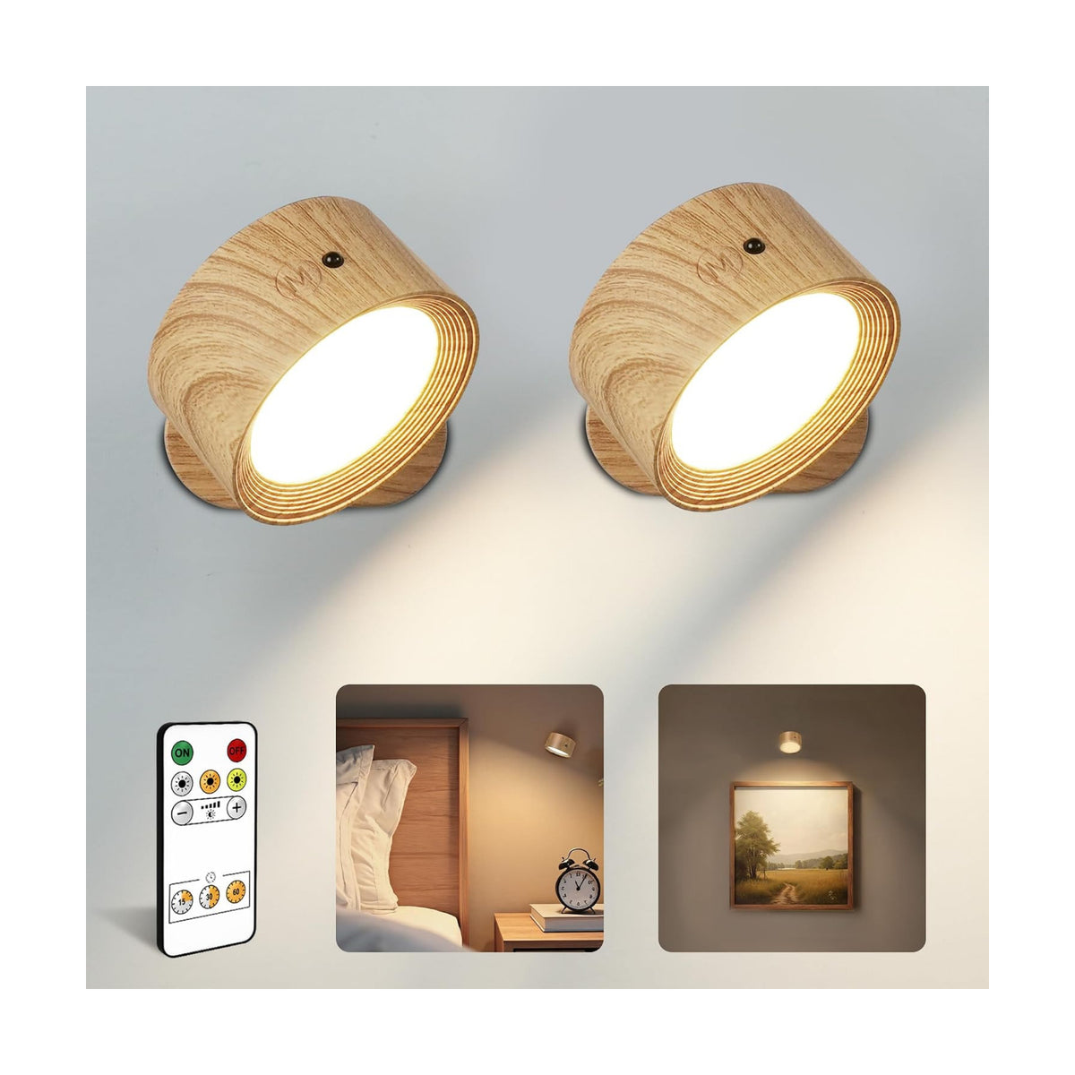 LED Wall Mounted Lights, Rechargeable Wall Sconces, 3 Color Temps, Remote & Touch, 360° Rotating and Dimmable for