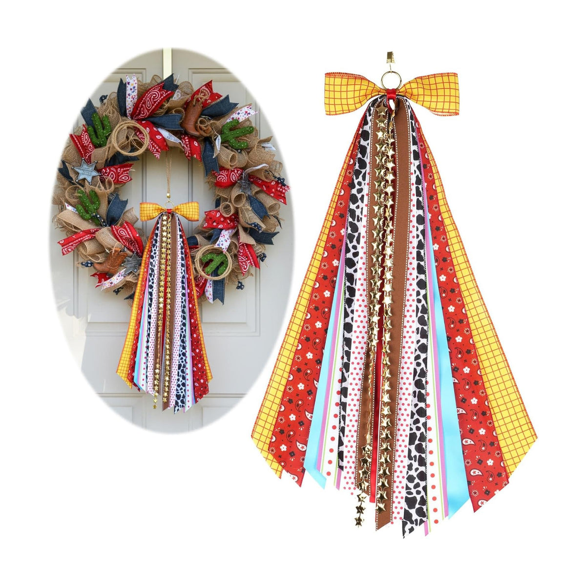 Cow Print Ribbon Bow Set, 27.5" Western Themed Wreath Decoration with 9 Assorted Ribbons, Yellow Plaid Cowboy Door Hanger Sash for Birthday Party Kids Room & Gift Wrapping