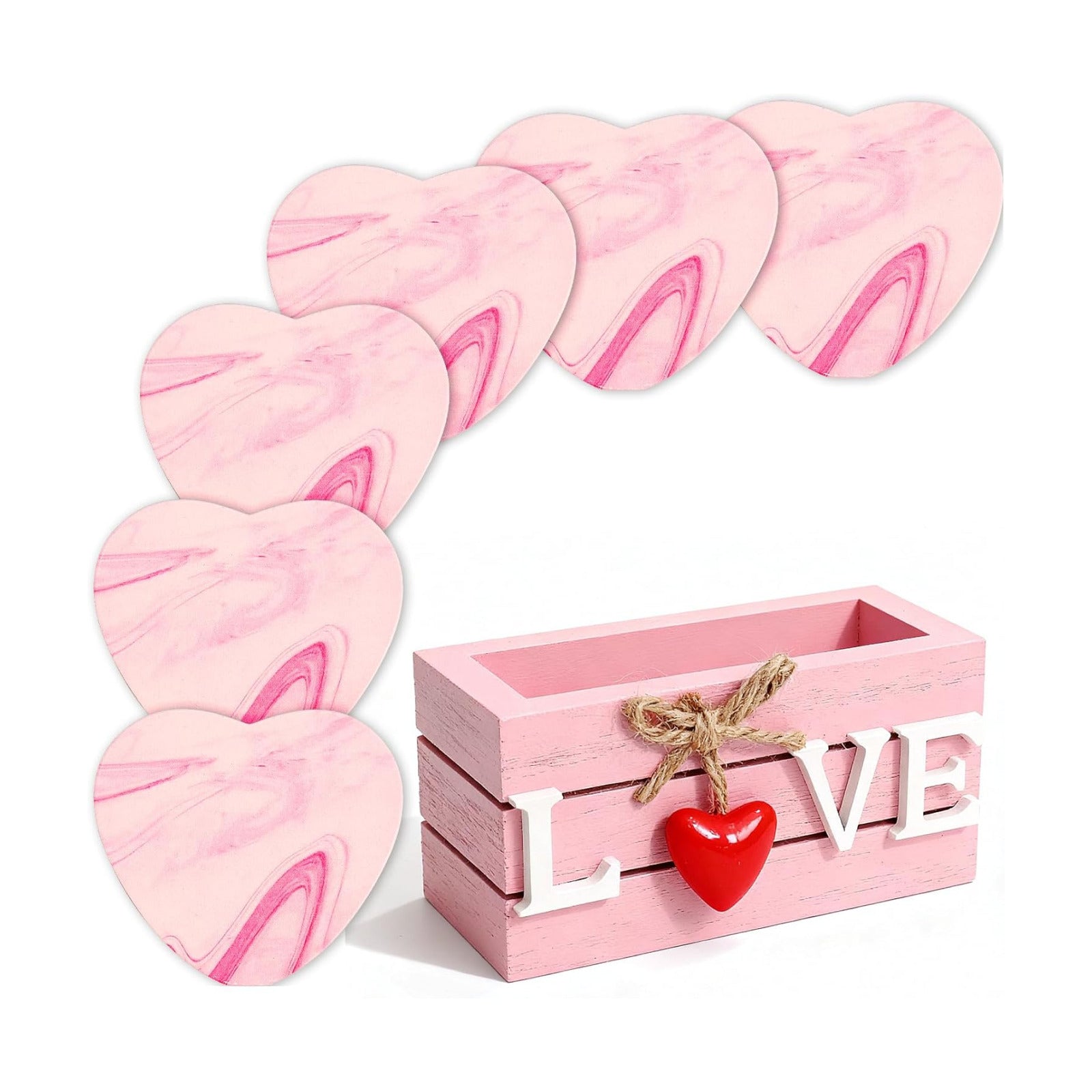 Holder / Heart Wooden Cup Coasters / Pink Heart Wooden Coasters / Set of 6