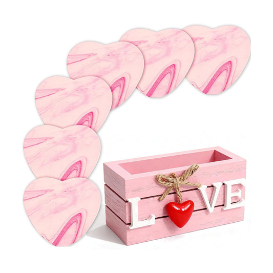 Holder / Heart Wooden Cup Coasters / Pink Heart Wooden Coasters / Set of 6