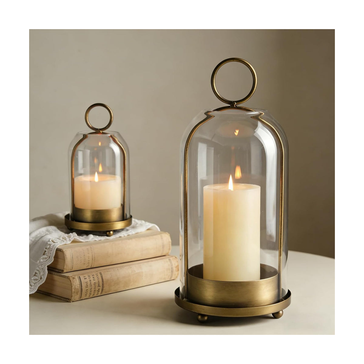 Sziqiqi Hurricane Candle Holder Lanterns: Pillar Candle Holders Set of 2 | With Removable Glass Dome for Outdoor