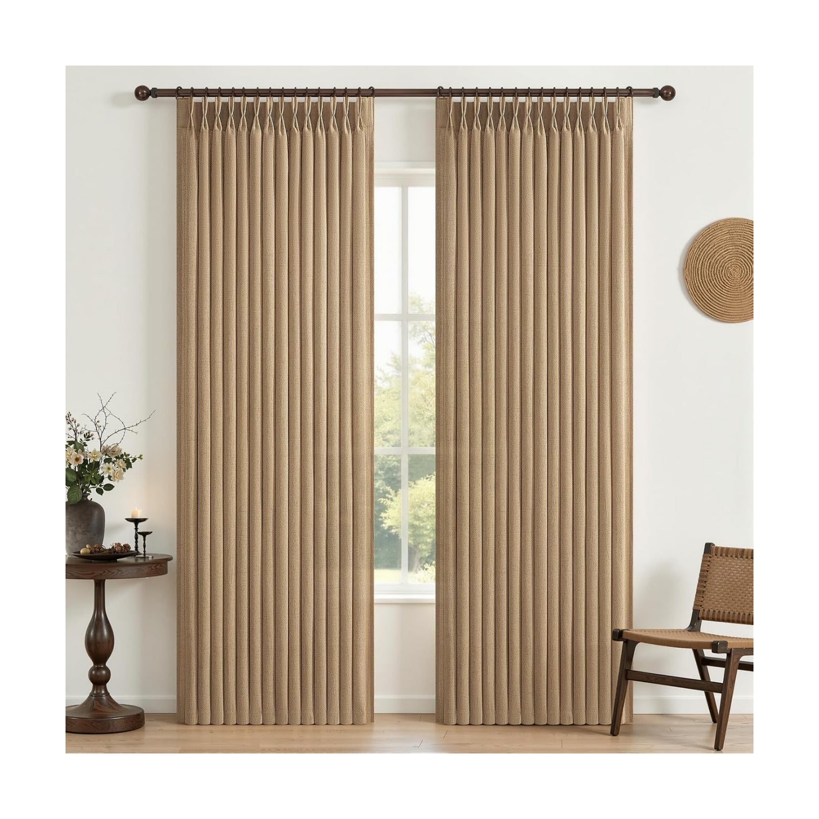 Pleated Linen Rust Brown Curtains 84 Inches Long 2 Panels Set for Bedroom, Memory Trained Pinch Pleat Light Filtering
