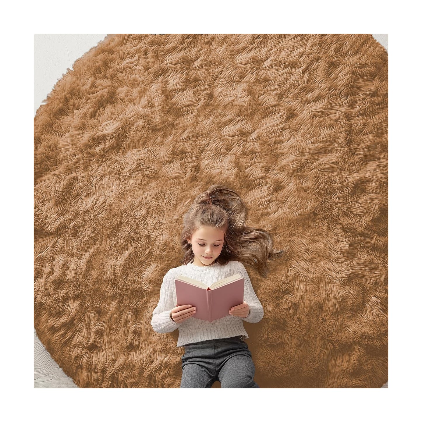 OLANLY Khaki Round Rugs for Bedroom - Machine Washable, 8 ft Circle Area Rugs for Living Room, Soft and Fluffy Shaggy