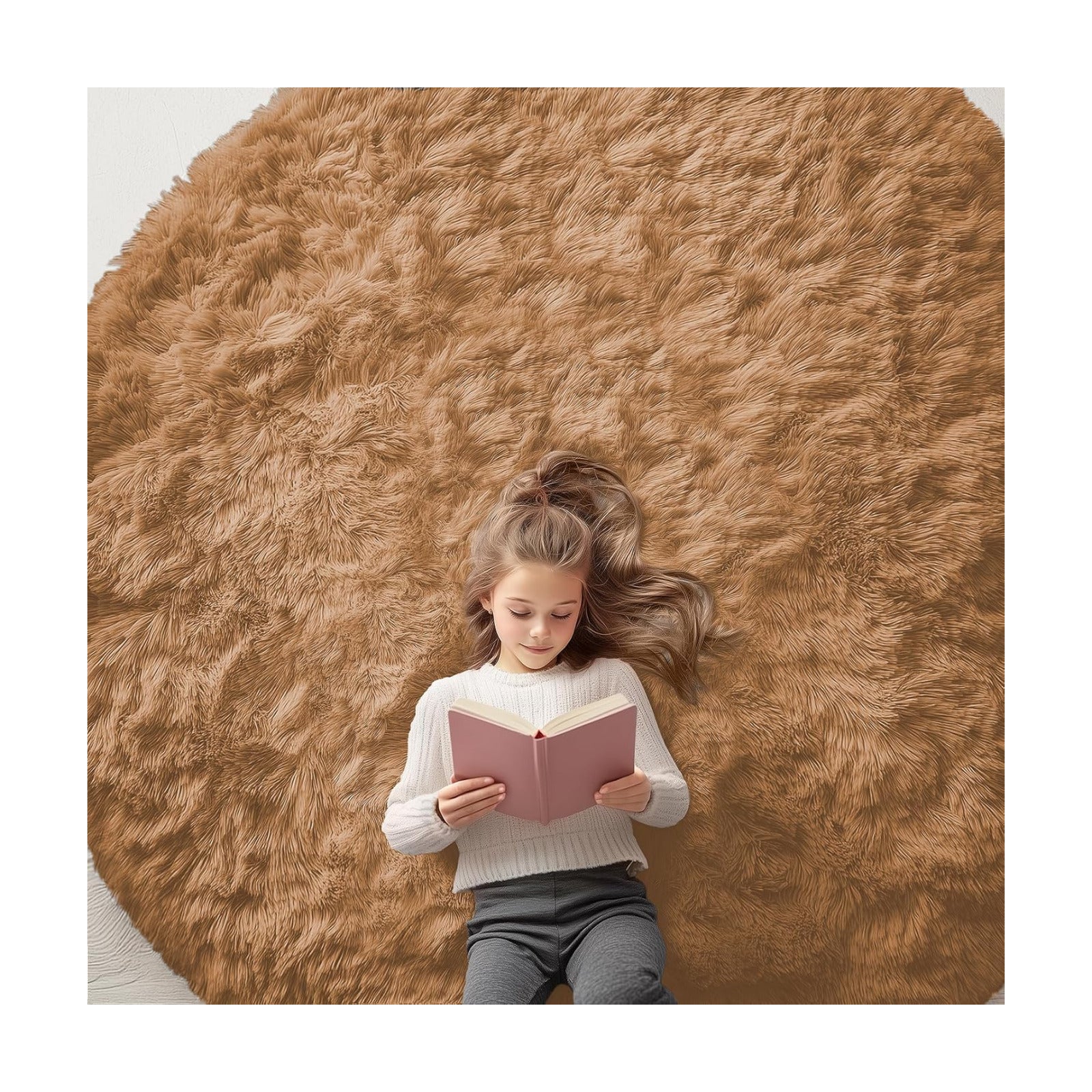 OLANLY Khaki Round Rugs for Bedroom - Machine Washable, 7 ft Circle Area Rugs for Living Room, Soft and Fluffy Shaggy