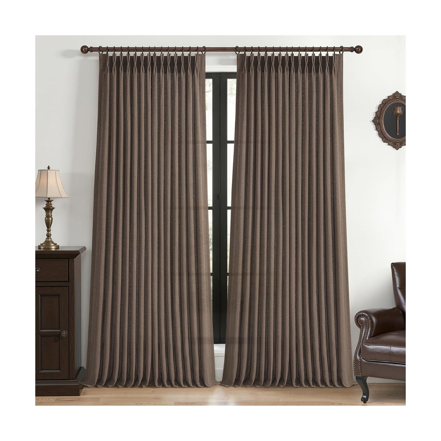 Extra Long 108 Inch Dark Brown Floor to Ceiling Curtains for Living Room, Memory Shape Pinch Pleated Thick Linen Modern