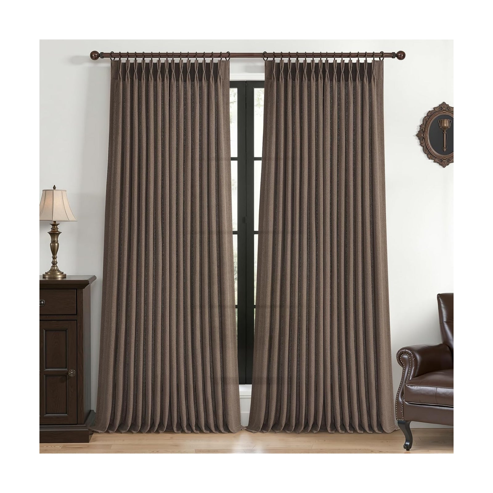 Extra Long 108 Inch Dark Brown Floor to Ceiling Curtains for Living Room, Memory Shape Pinch Pleated Thick Linen Modern
