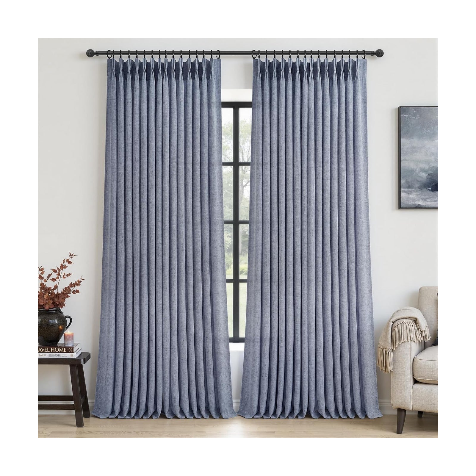 Extra Long 108 Inch Dusty Blue Pleated Linen Light Filtering Sheer Curtains