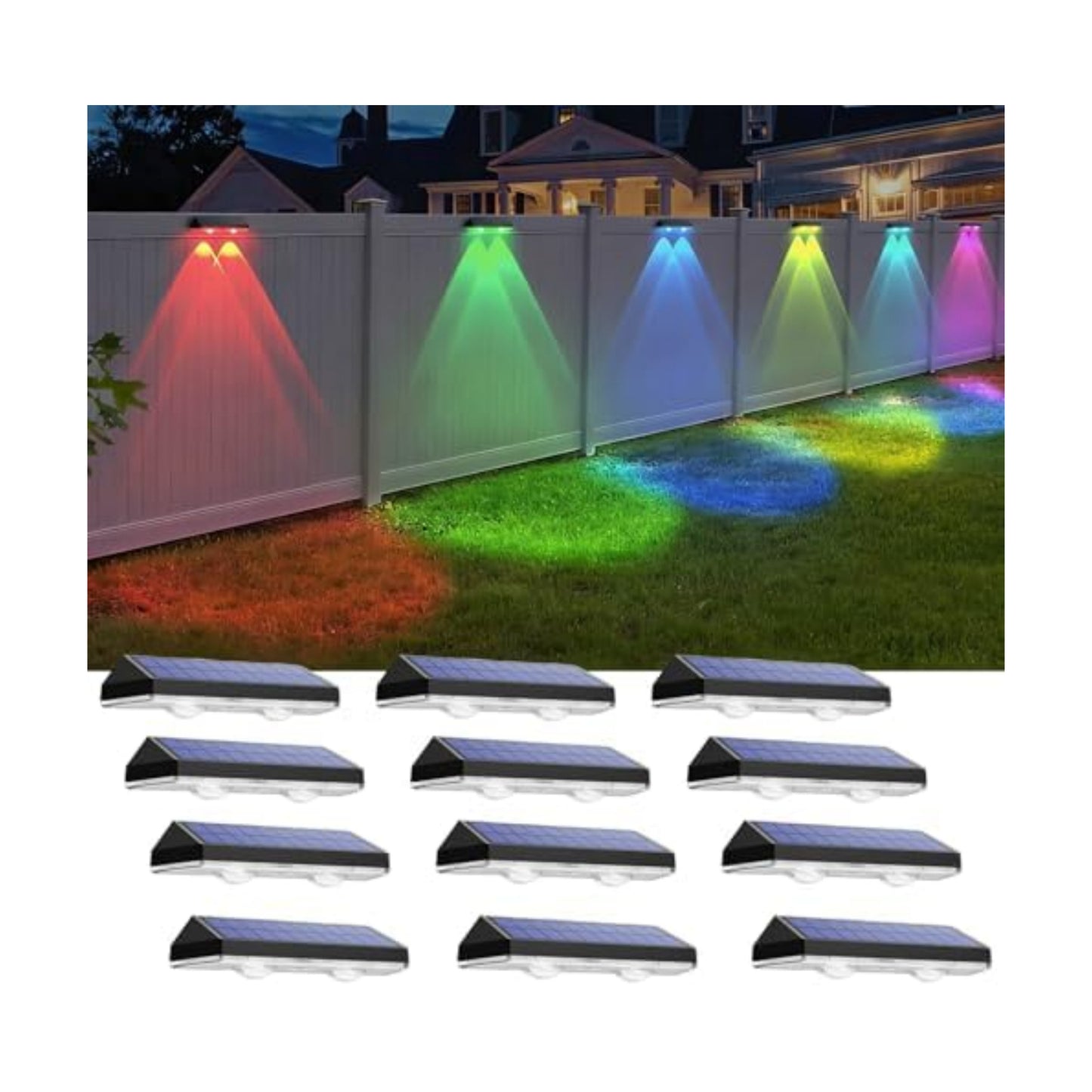 Solar Fence Lights Outdoor - Warm White & RGB 6 Color, Dusk to Dawn Solar Deck Light, Solar Lights Outdoor IP65