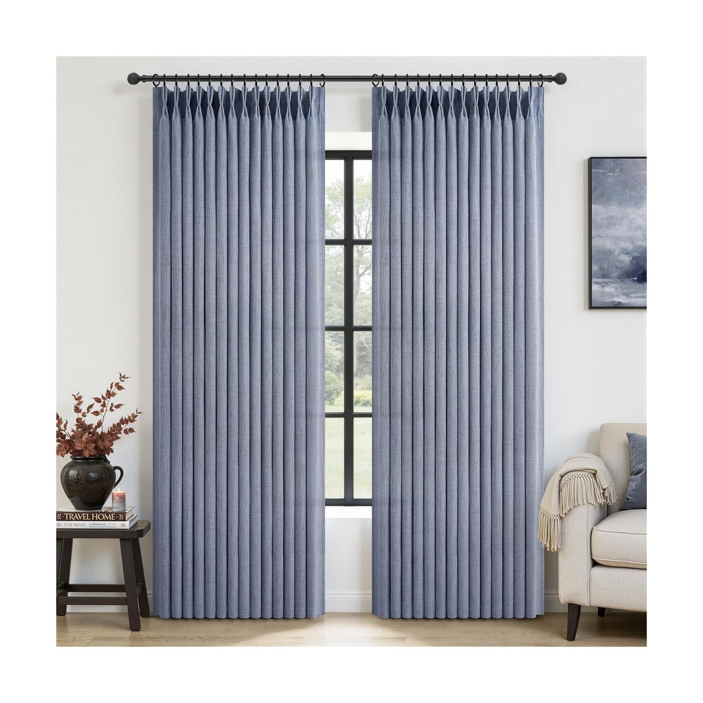 Pinch Pleated Linen Greyish Blue Sheer Curtains 84 Inches Long for Bedroom